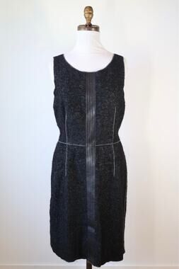 Georges Rech Black Wool Leather Trim Sleeveless Sheath Dress Winter Medium